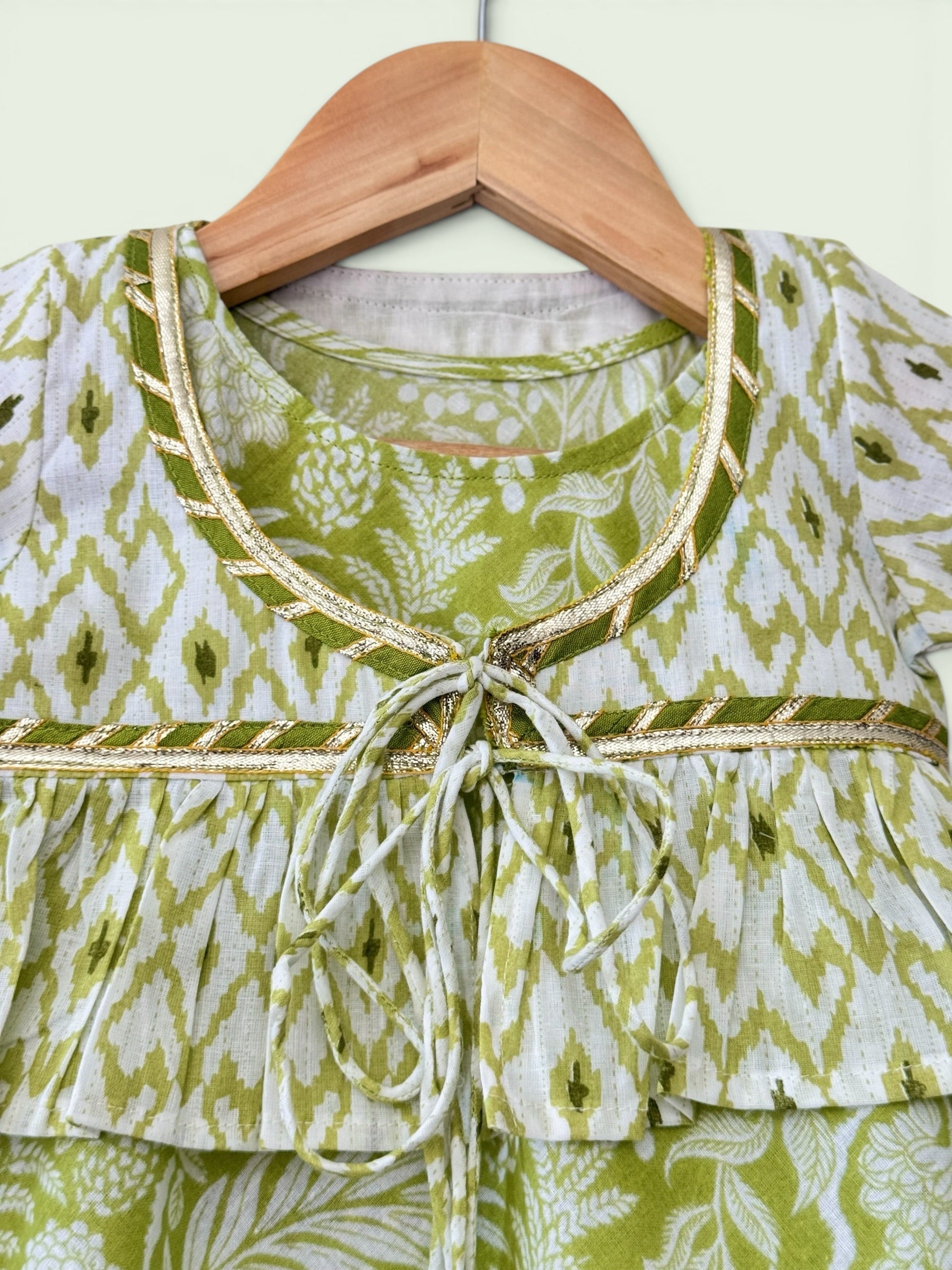 Girls Green Ikat Print Ethnic Kurti, Jacket & Tiered Palazzo Set