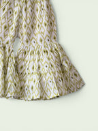 Girls Green Ikat Print Ethnic Kurti, Jacket & Tiered Palazzo Set