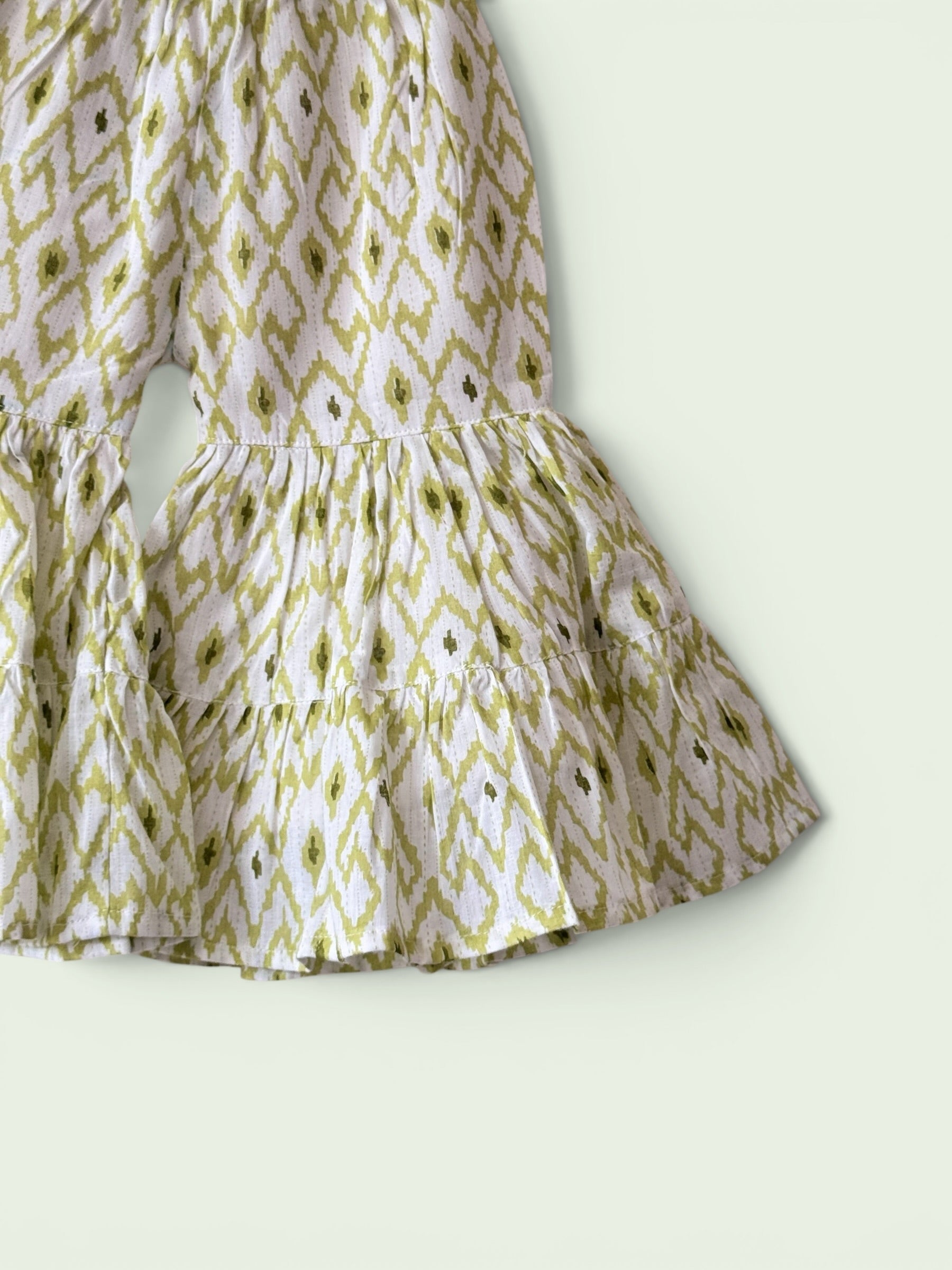 Girls Green Ikat Print Ethnic Kurti, Jacket & Tiered Palazzo Set