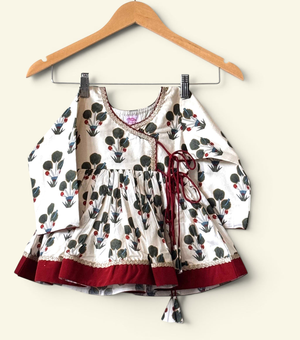 Girls Pure Cotton off-white digital floral print Angrakha dress