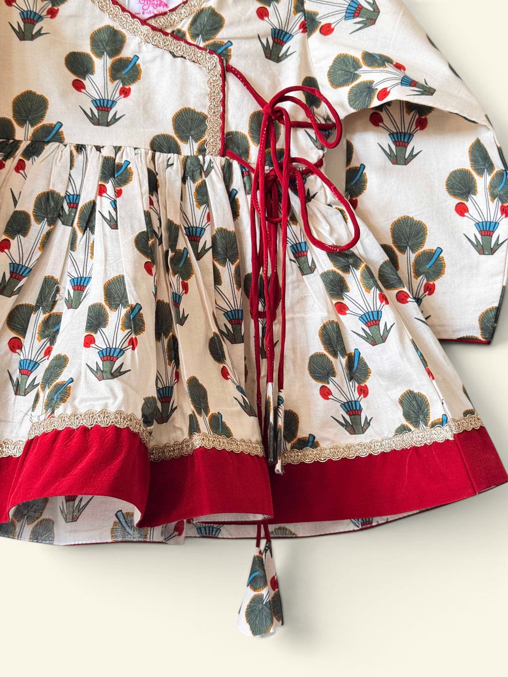 Girls Pure Cotton off-white digital floral print Angrakha dress