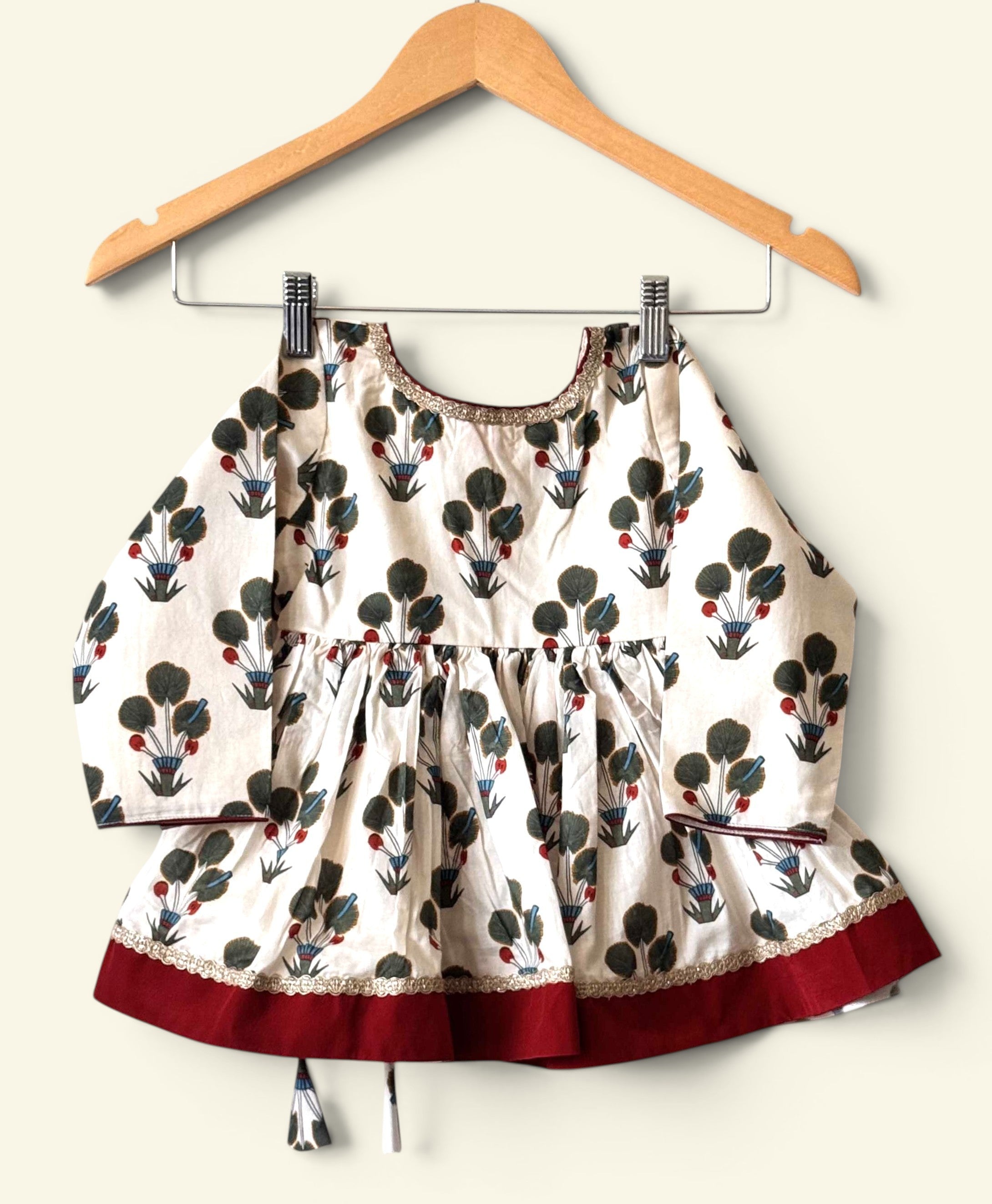 Girls Pure Cotton off-white digital floral print Angrakha dress