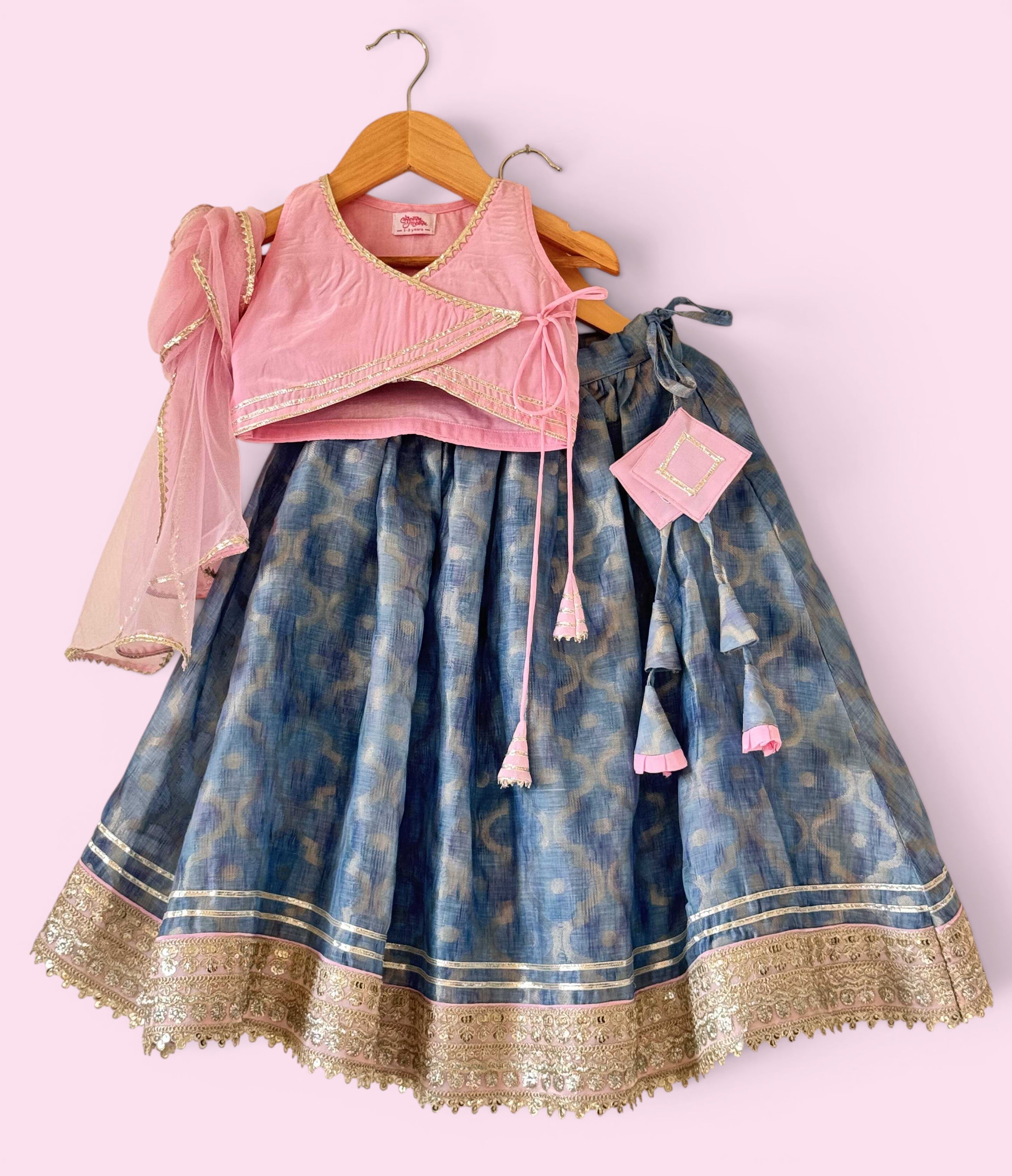 Girls Baby Pink & Grace Blue Chanderi Lehenga Set