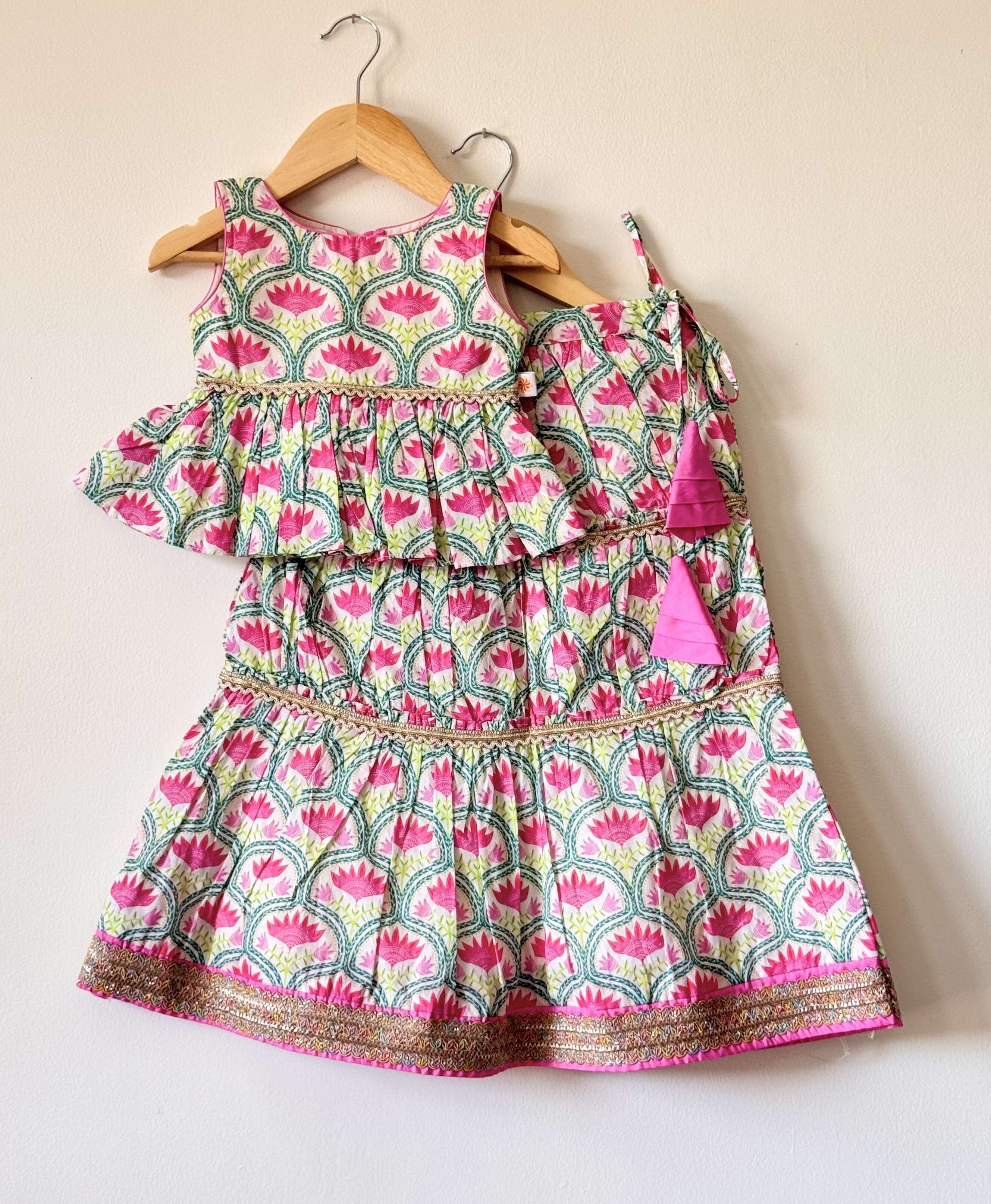 Pink Printed Lehenga with Flared Peplum Choli & Dupatta Set