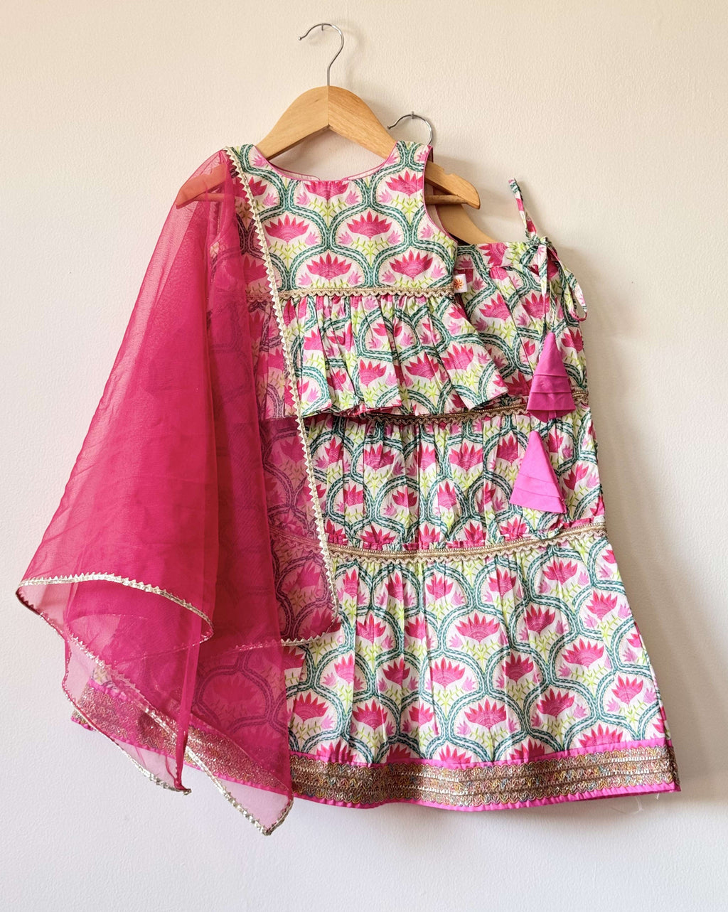 Pink Printed Lehenga with Flared Peplum Choli & Dupatta Set