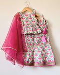 Pink Printed Lehenga with Flared Peplum Choli & Dupatta Set