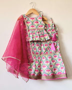 Pink Printed Lehenga with Flared Peplum Choli & Dupatta Set