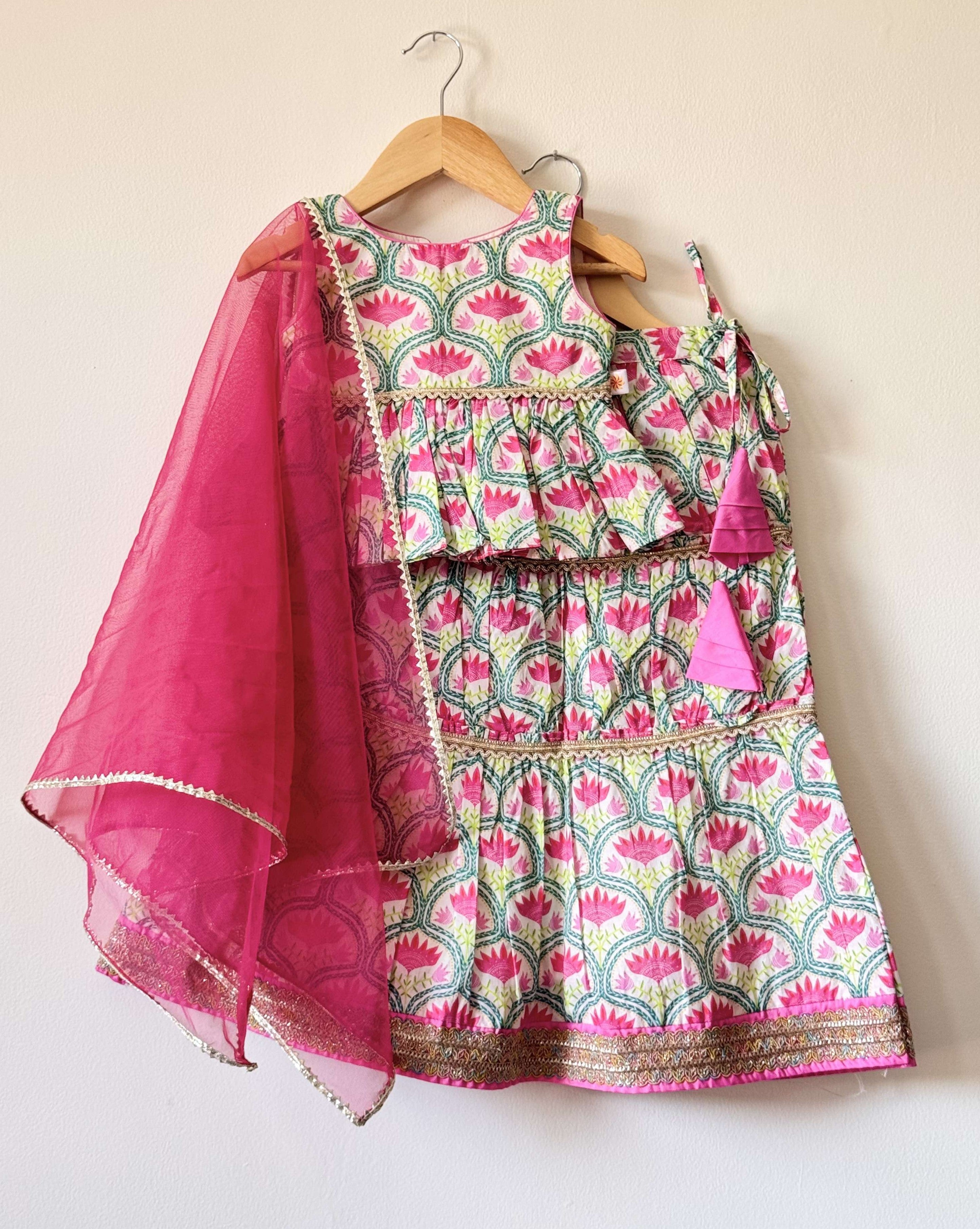 Pink Printed Lehenga with Flared Peplum Choli & Dupatta Set