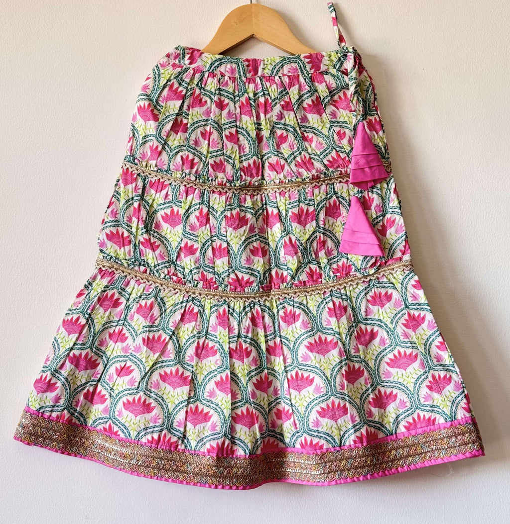 Pink Printed Lehenga with Flared Peplum Choli & Dupatta Set