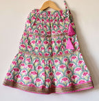 Pink Printed Lehenga with Flared Peplum Choli & Dupatta Set