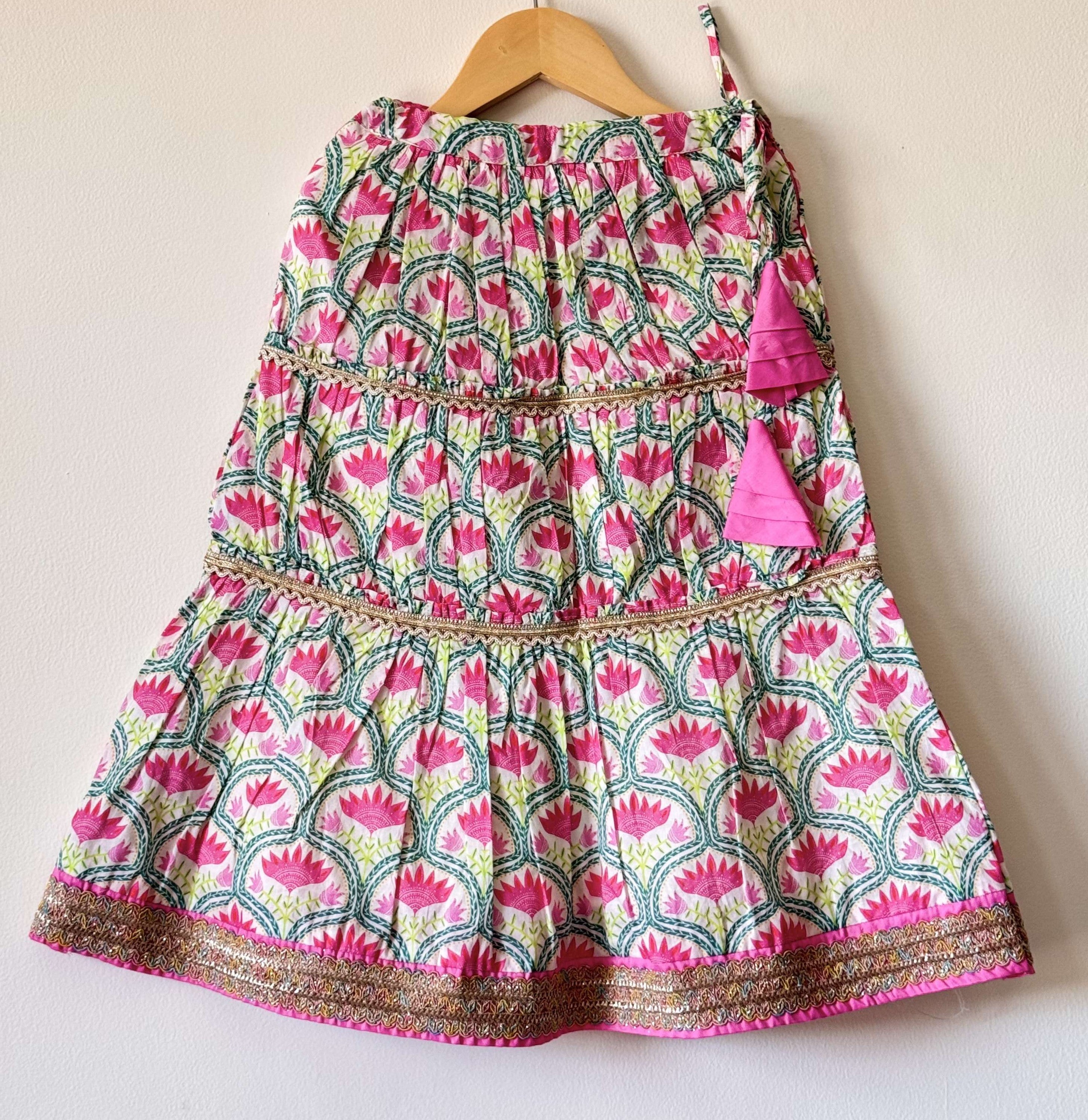 Pink Printed Lehenga with Flared Peplum Choli & Dupatta Set