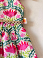 Pink Printed Lehenga with Flared Peplum Choli & Dupatta Set