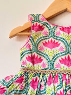 Pink Printed Lehenga with Flared Peplum Choli & Dupatta Set
