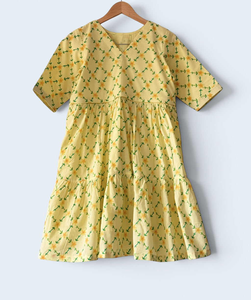 Yellow Printed Cotton Maternity / Nursing Tiered Dress