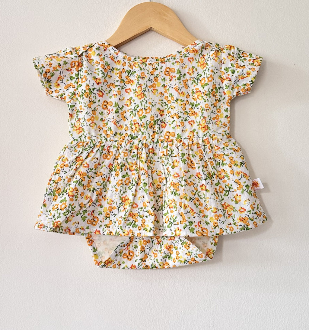 Baby Girl Yellow Cotton Floral Bodysuit Dress