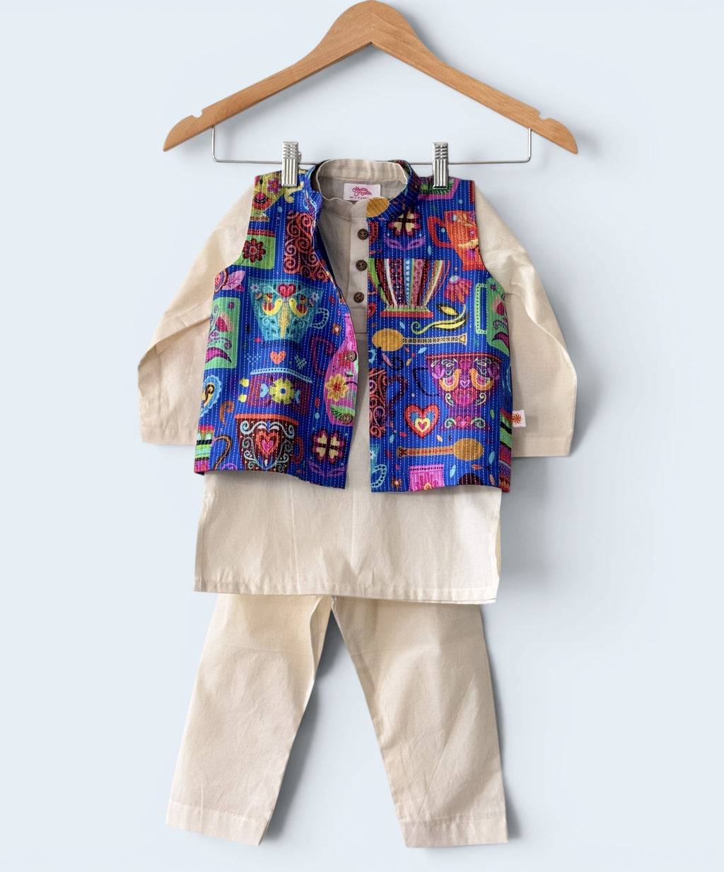 Boys 3-piece ethnic wear set featuring an off-white cotton kurta and pajama with a vibrant, multi-colored printed bandi jacket.