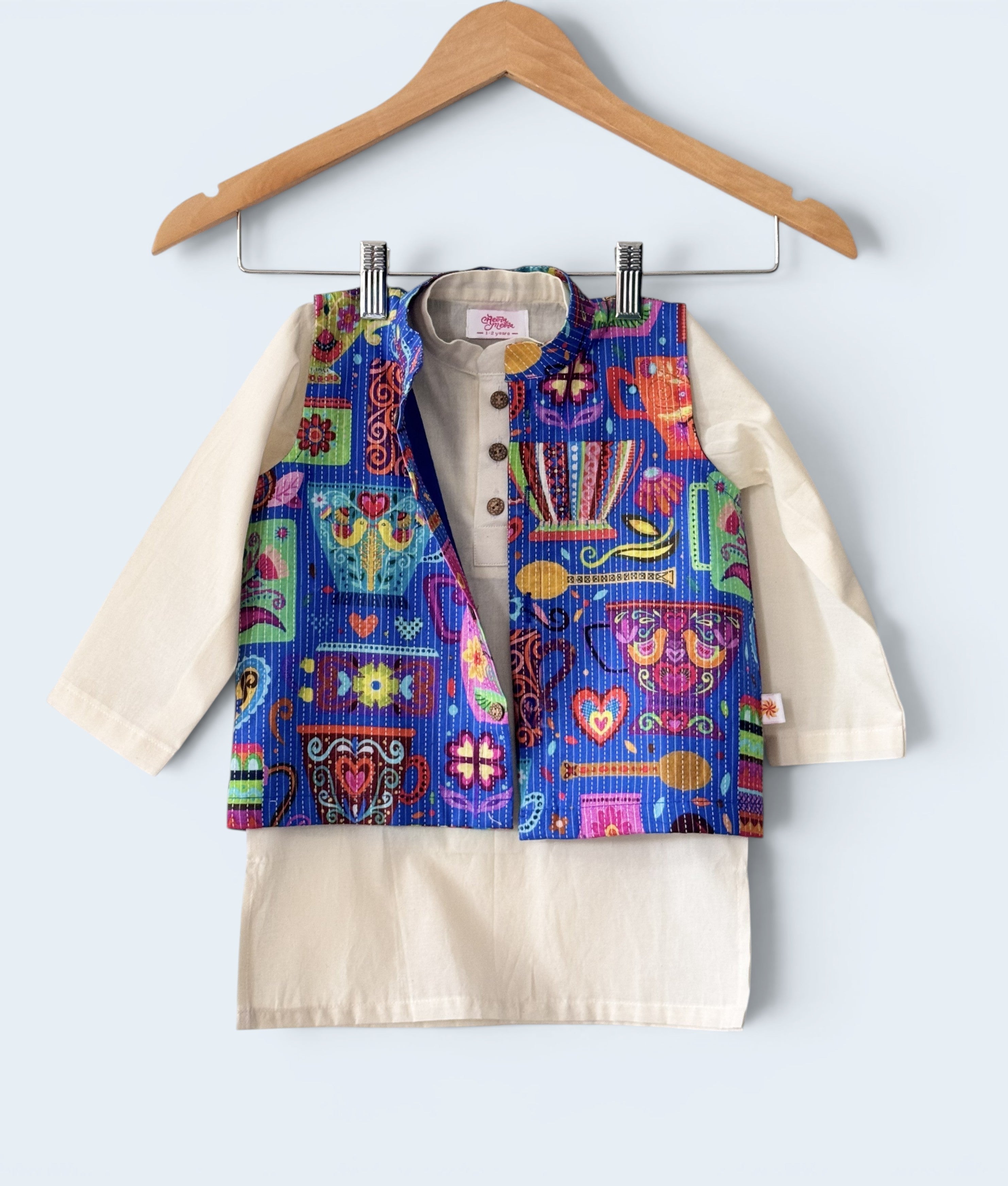 Boys 100% Cotton Kurta Pajama with Printed Bandi Set
