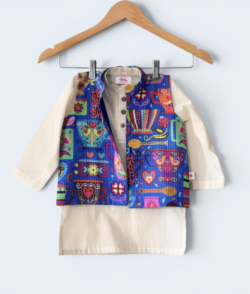 Boys 100% Cotton Kurta Pajama with Printed Bandi Set