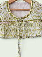 Girls Green Ikat Print Ethnic Kurti, Jacket & Tiered Palazzo Set