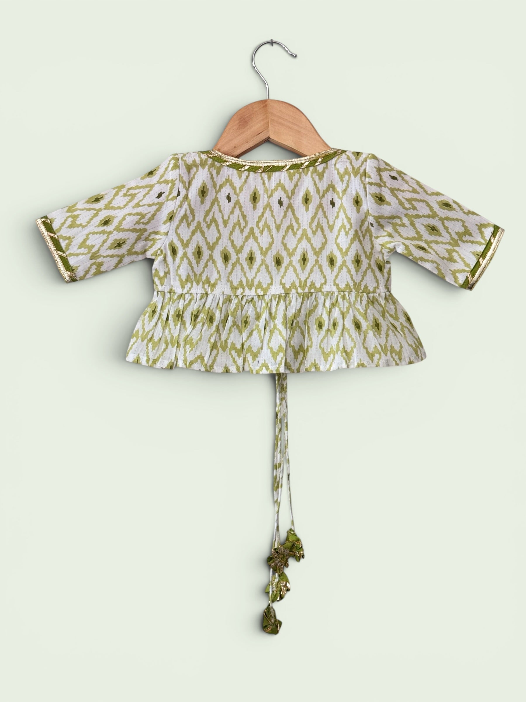 Girls Green Ikat Print Ethnic Kurti, Jacket & Tiered Palazzo Set