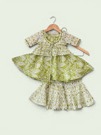 Girls Green Ikat Print Ethnic Kurti, Jacket & Tiered Palazzo Set