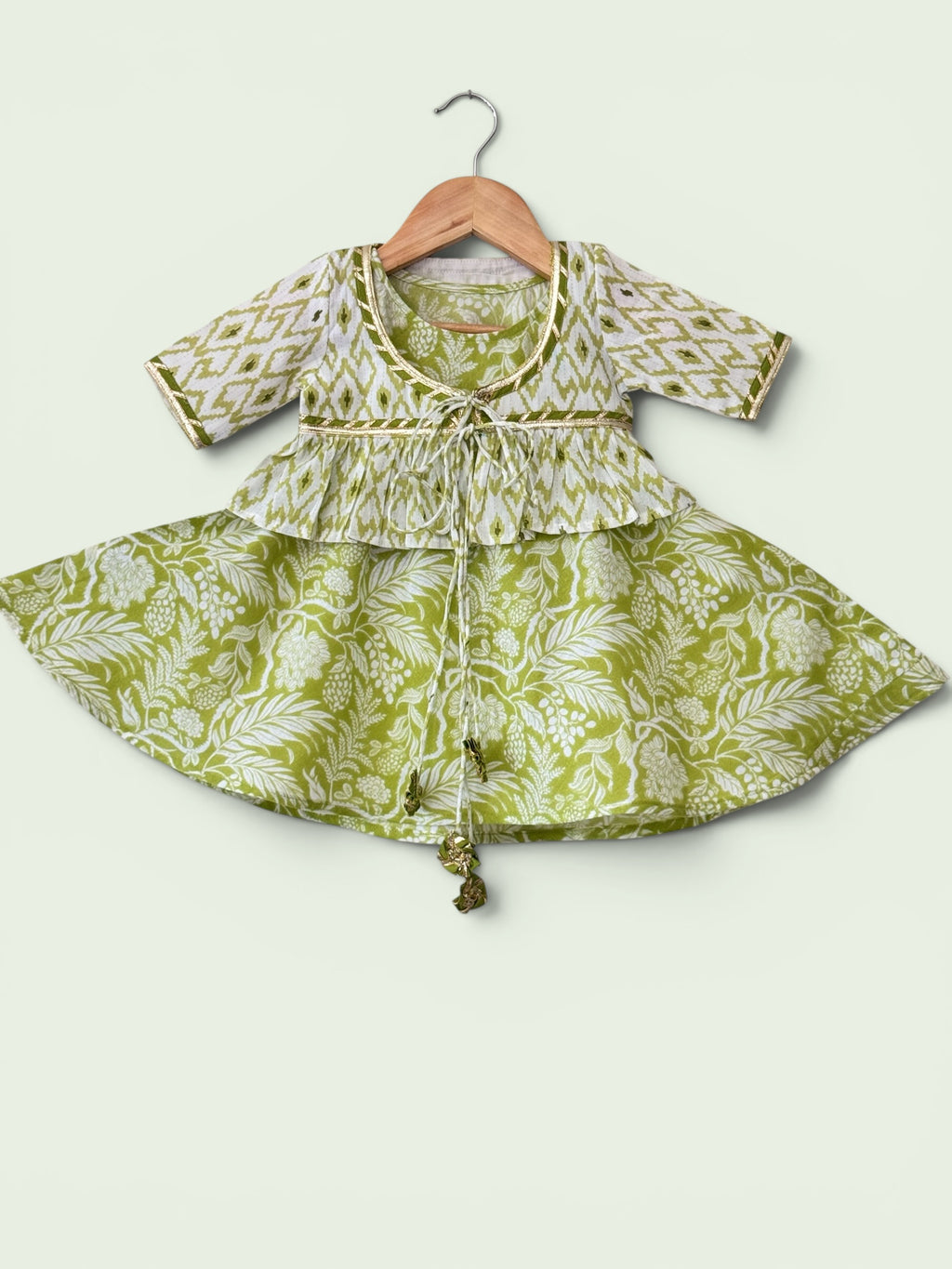 Girls Green Ikat Print Ethnic Kurti, Jacket & Tiered Palazzo Set
