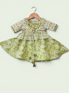 Girls Green Ikat Print Ethnic Kurti, Jacket & Tiered Palazzo Set