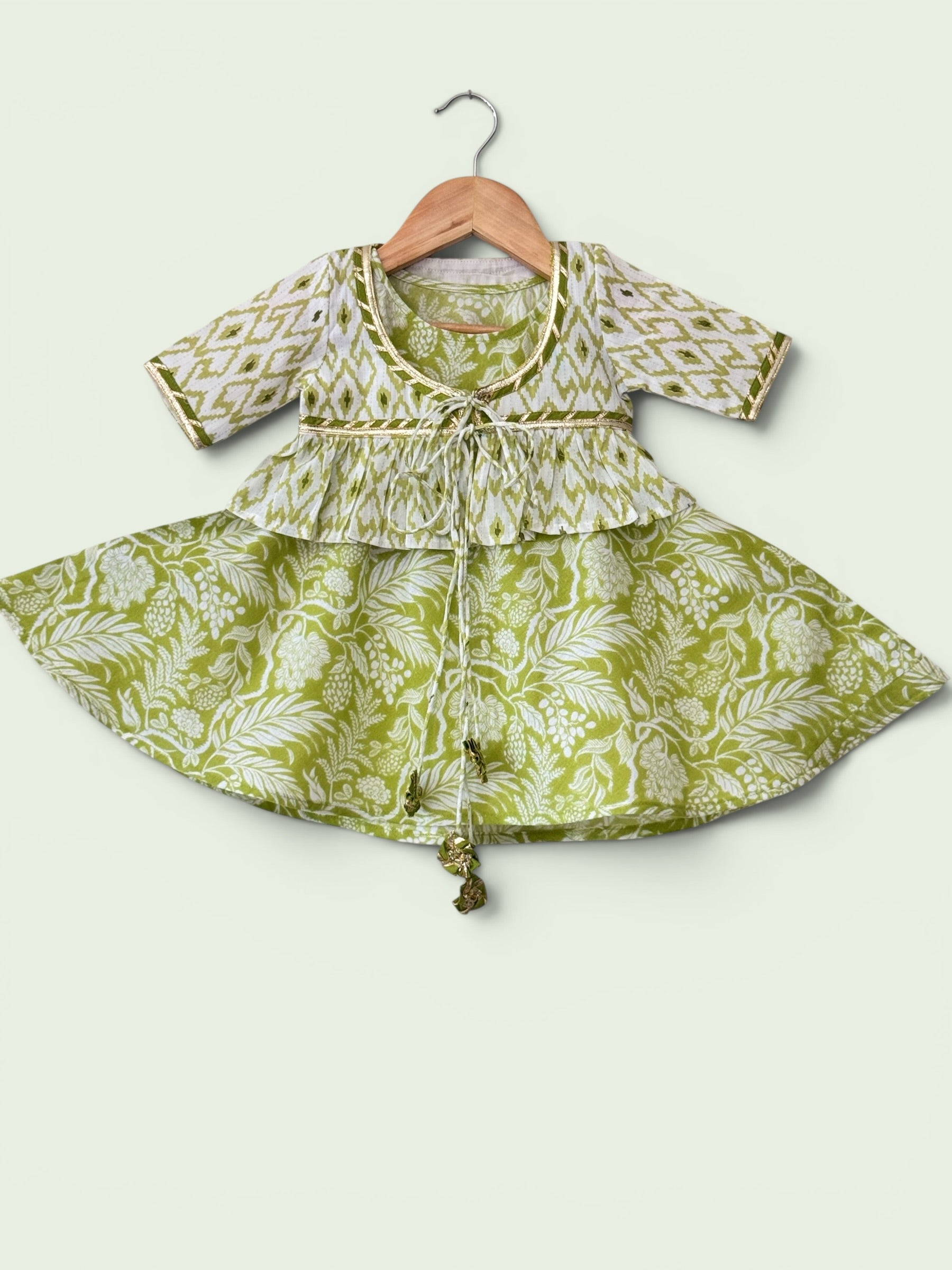 Girls Green Ikat Print Ethnic Kurti, Jacket & Tiered Palazzo Set
