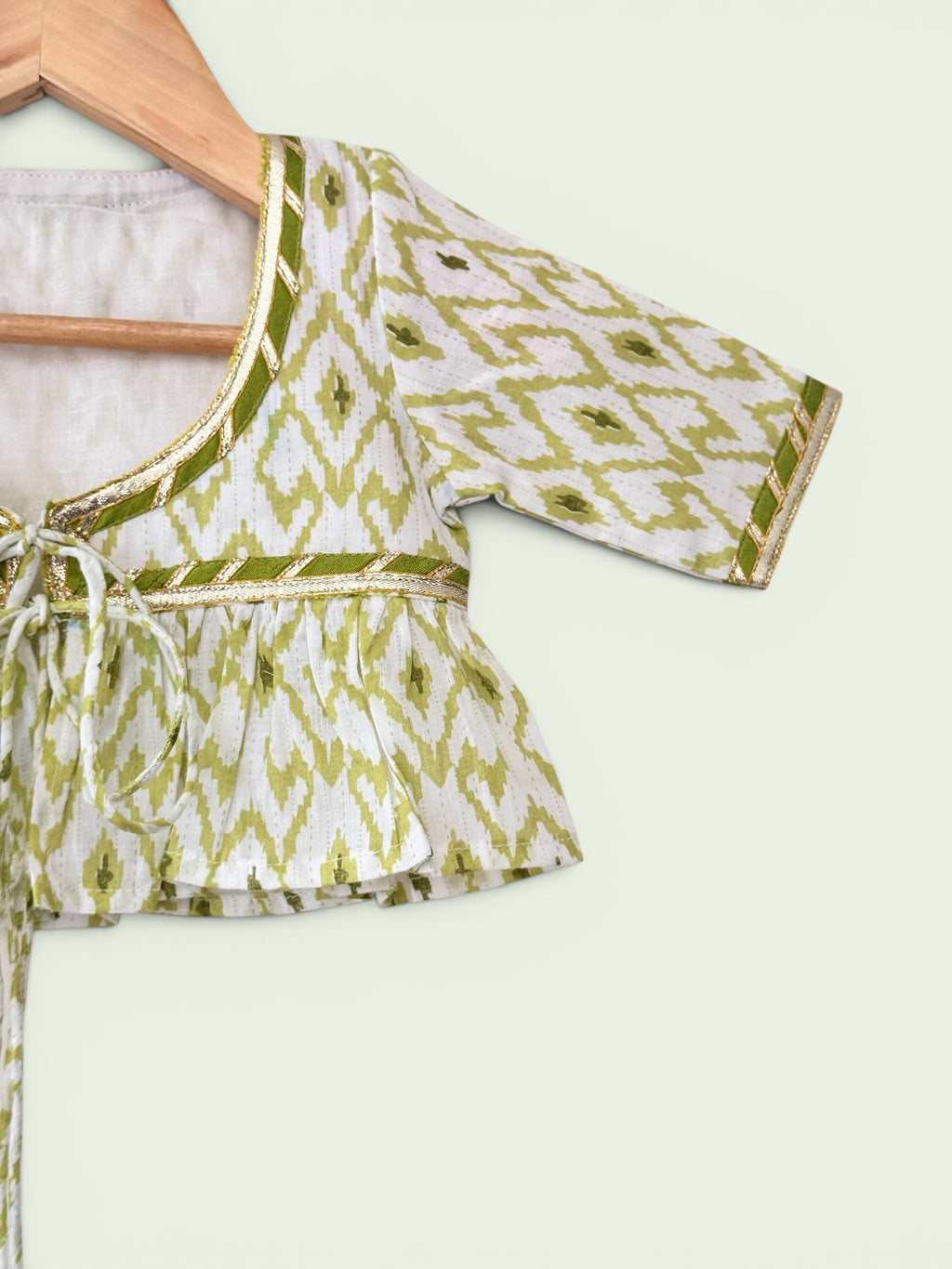 Girls Green Ikat Print Ethnic Kurti, Jacket & Tiered Palazzo Set