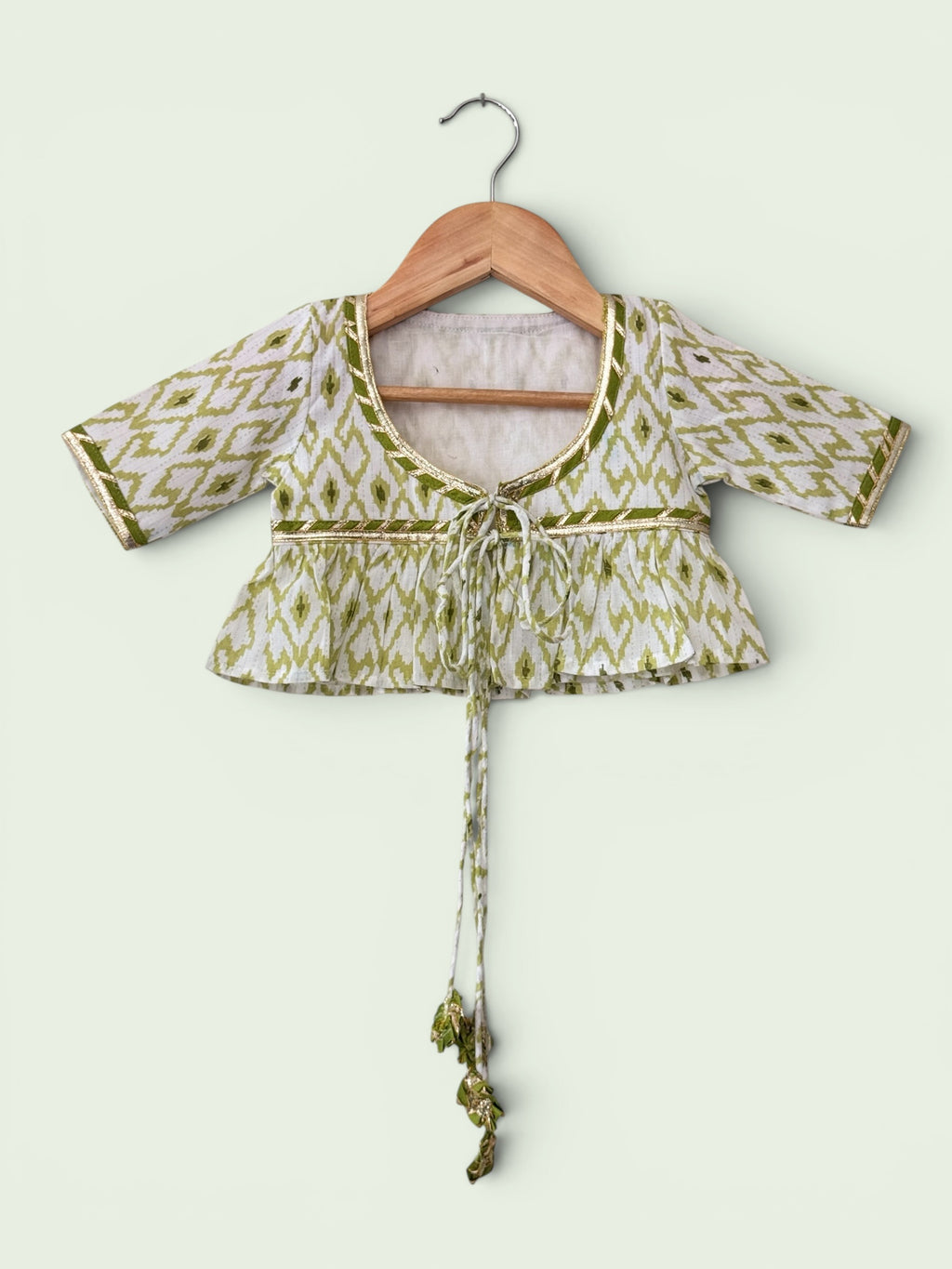 Girls Green Ikat Print Ethnic Kurti, Jacket & Tiered Palazzo Set