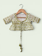 Girls Green Ikat Print Ethnic Kurti, Jacket & Tiered Palazzo Set