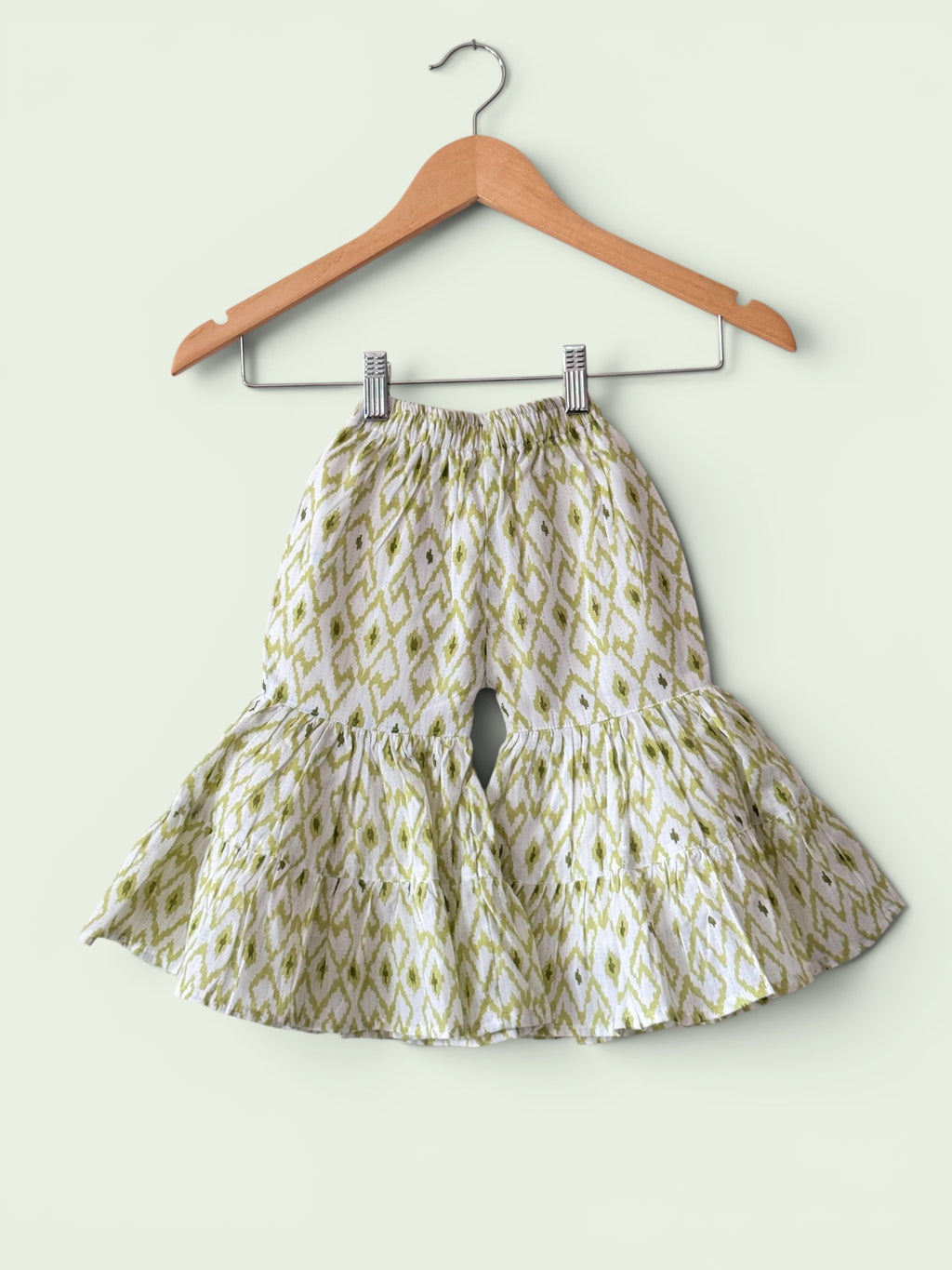 Girls Green Ikat Print Ethnic Kurti, Jacket & Tiered Palazzo Set