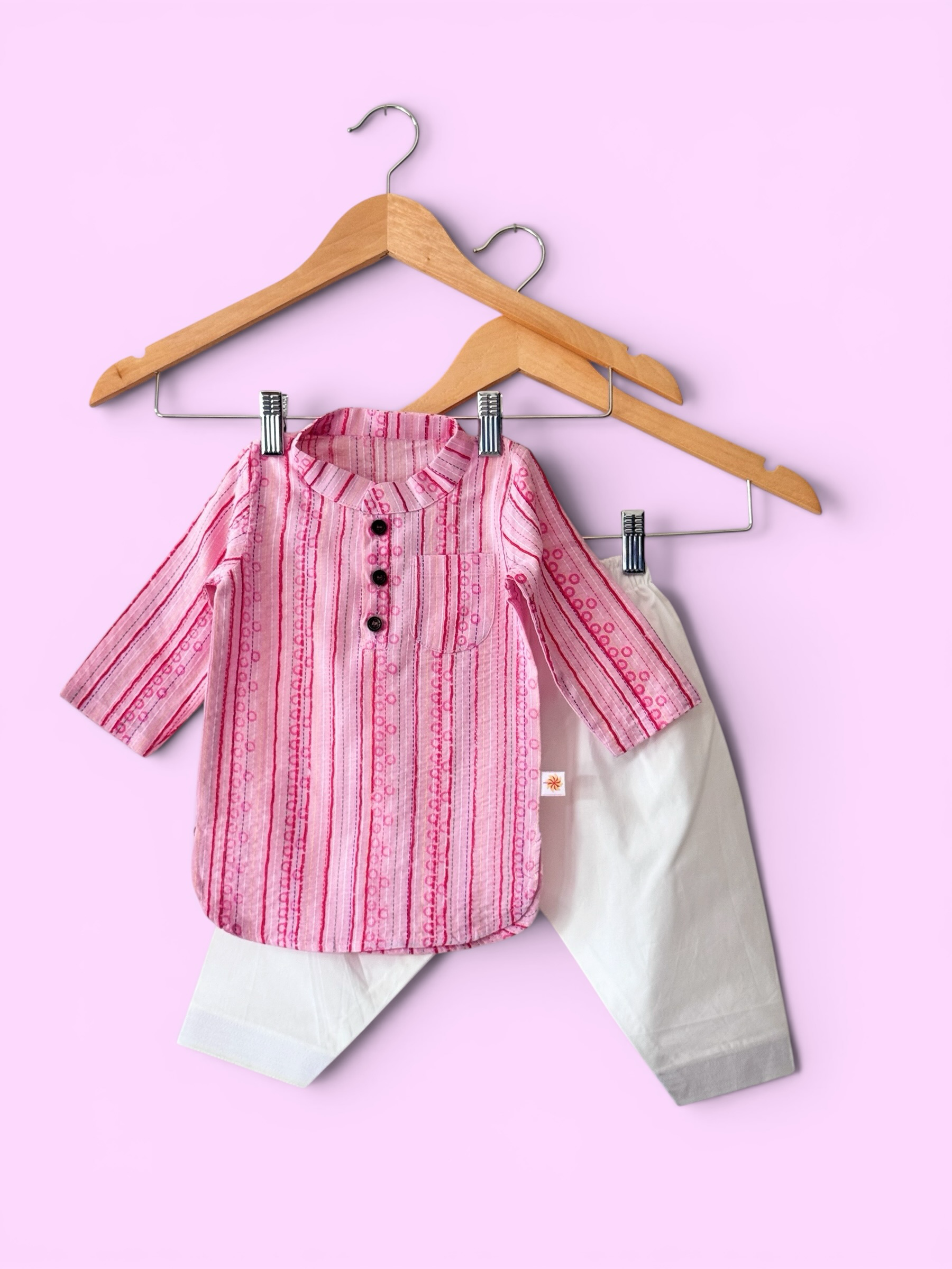 Boys Baby Pink Kantha Stitch Style Kurta & Patiala Pajama Set