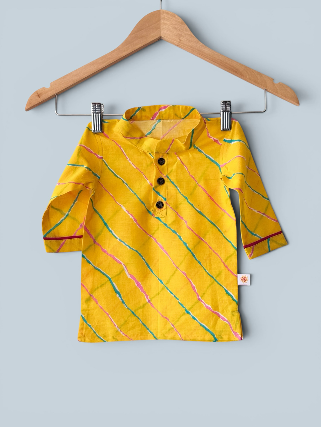Boys Yellow Leheriya Print Cotton Kurta & Pajama Set