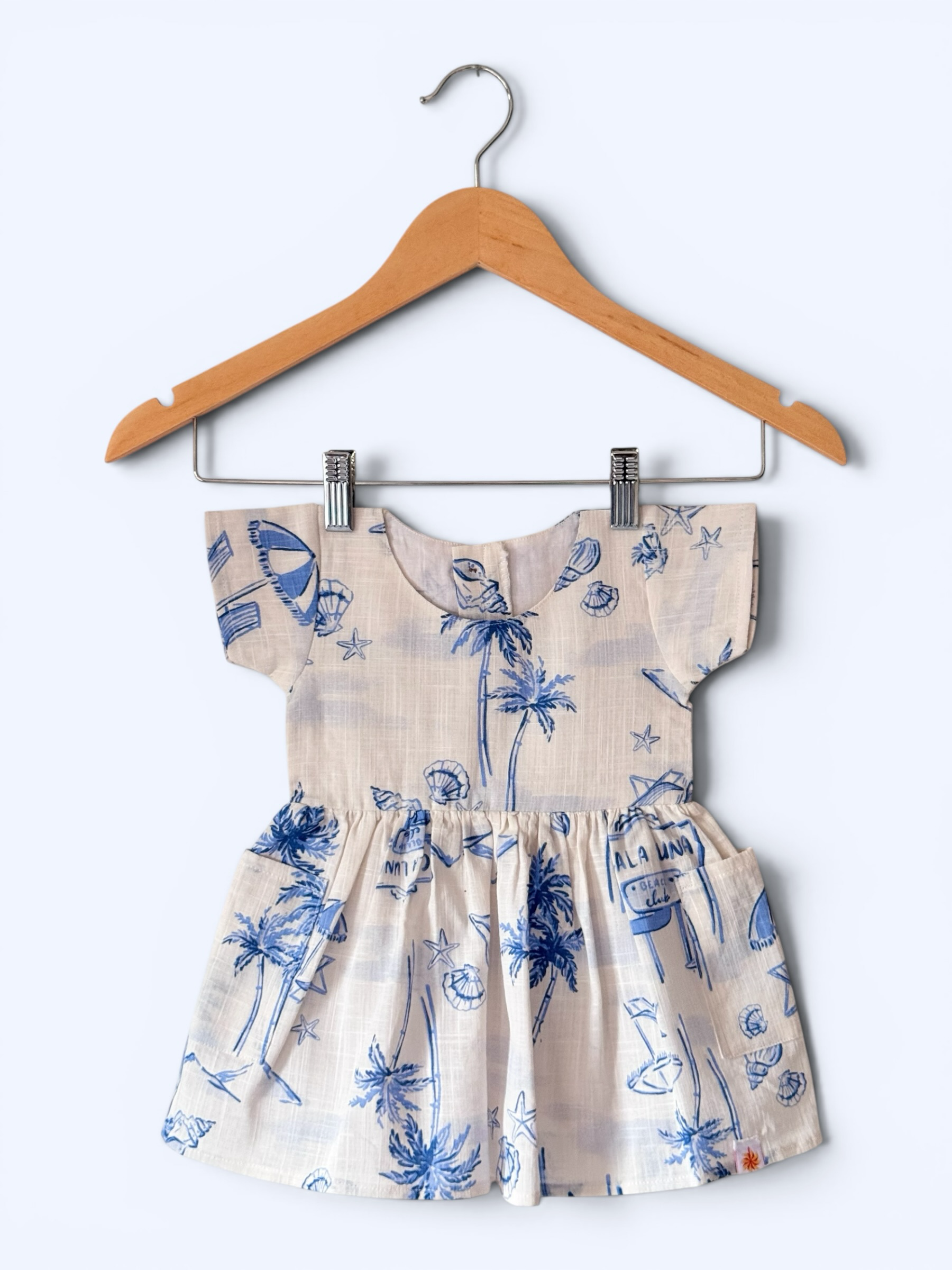 Girls Beach Inspired Print Gathered Linen dress With Pockets