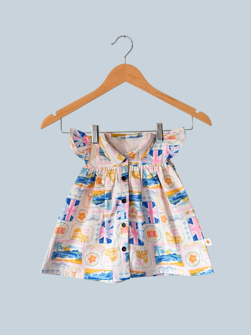 Girls Printed Linen Shirt Dress with Peter Pan Collar