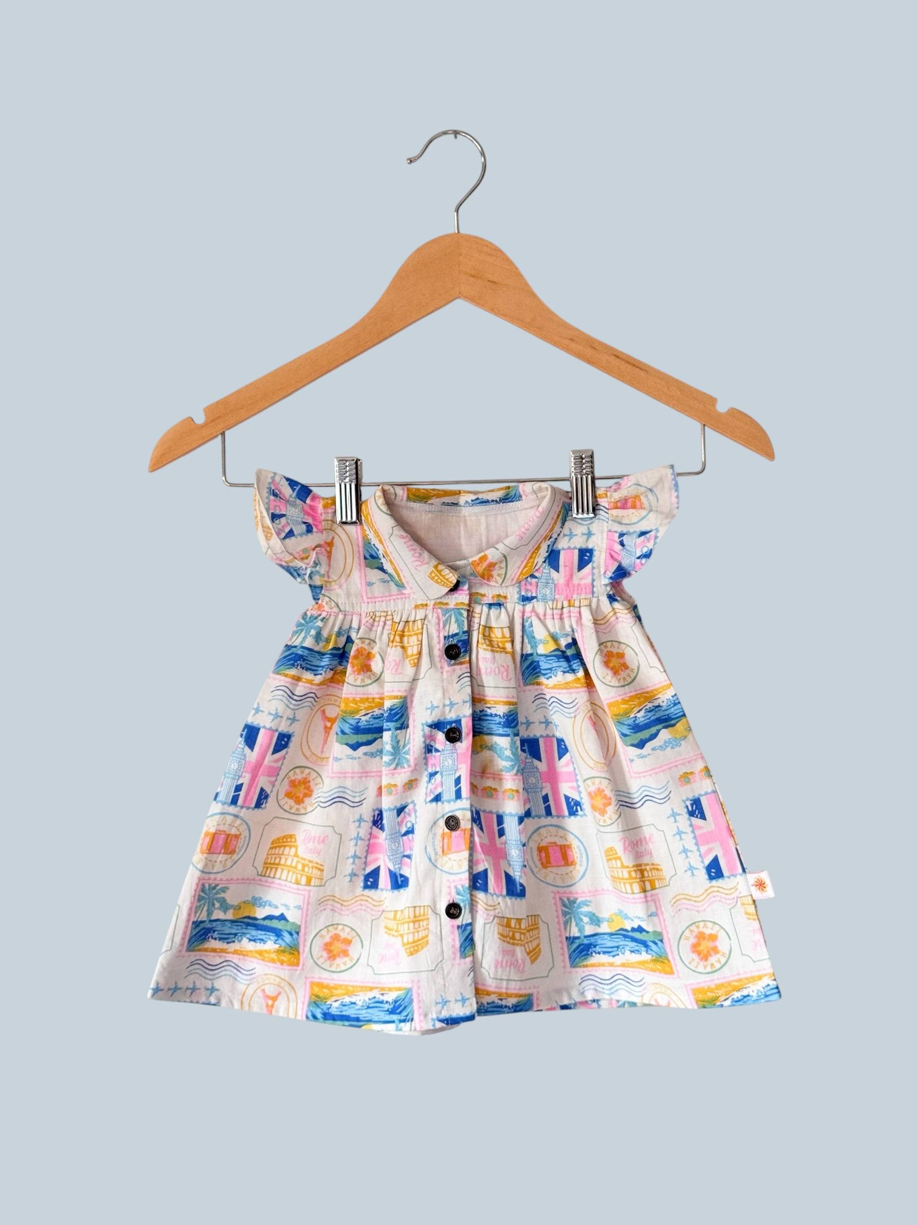 Girls Printed Linen Shirt Dress with Peter Pan Collar