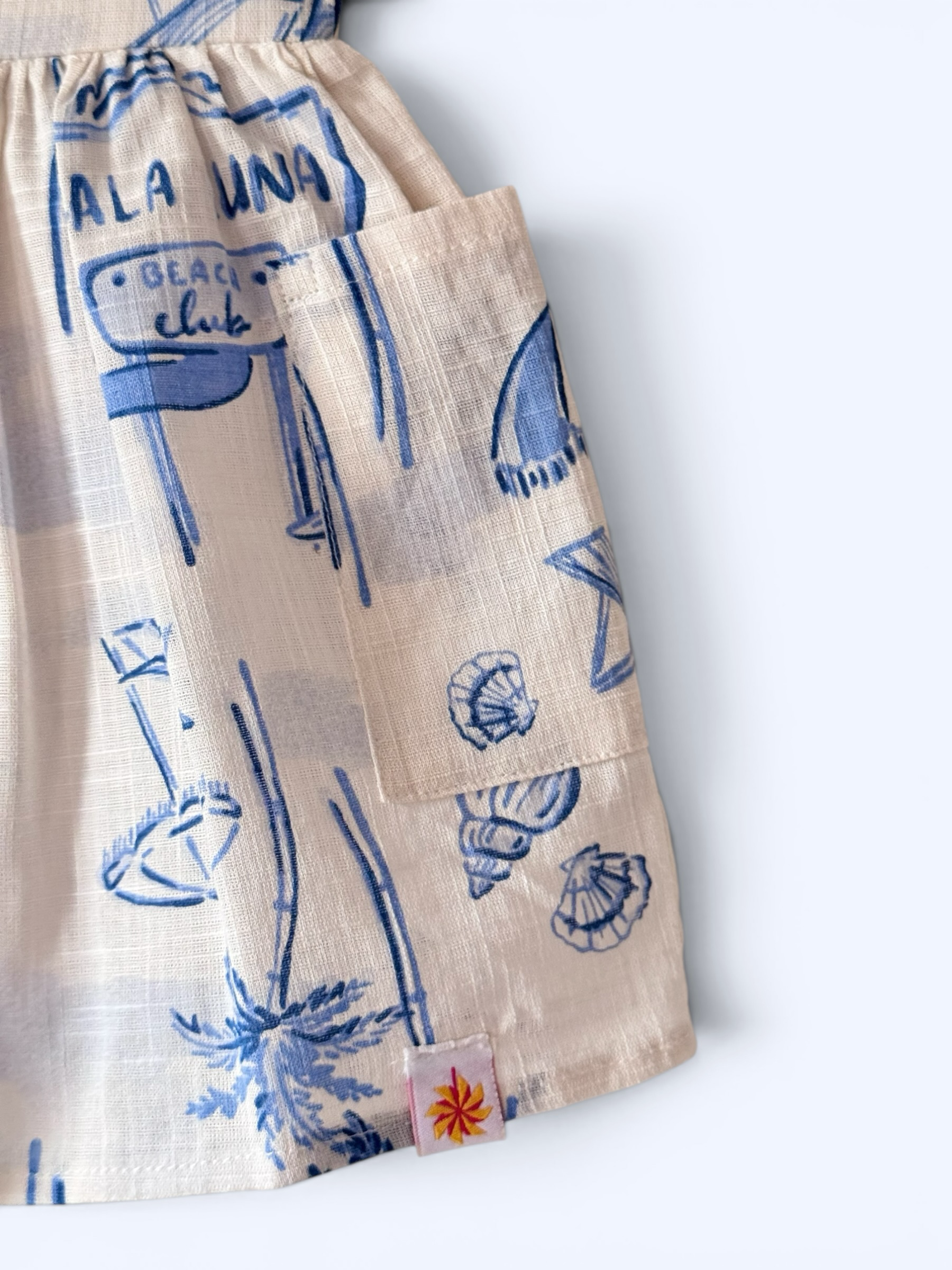 Girls Beach Inspired Print Gathered Linen dress With Pockets