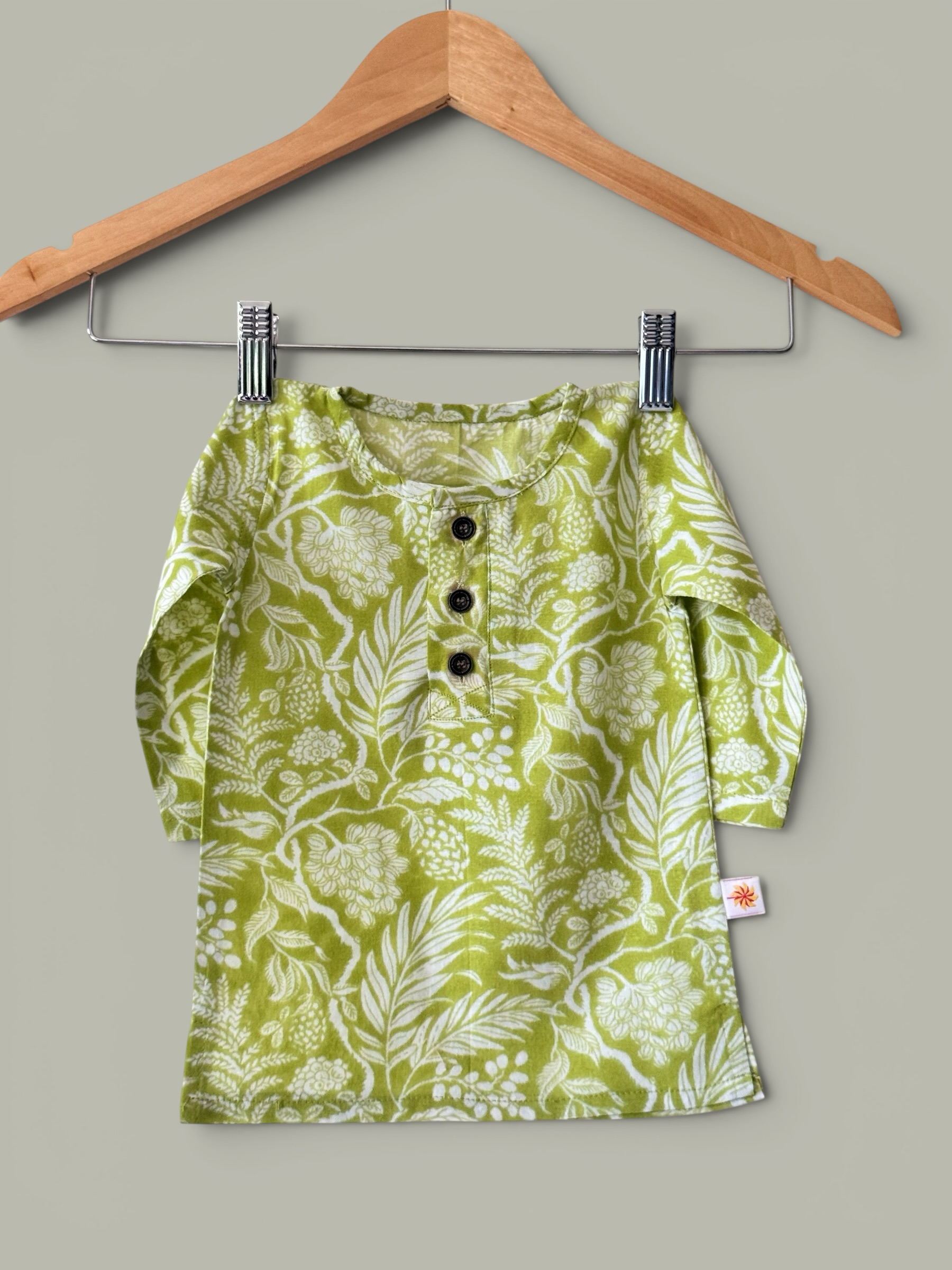 Boys Botanical Print Cotton Kurta & White Pajama Set