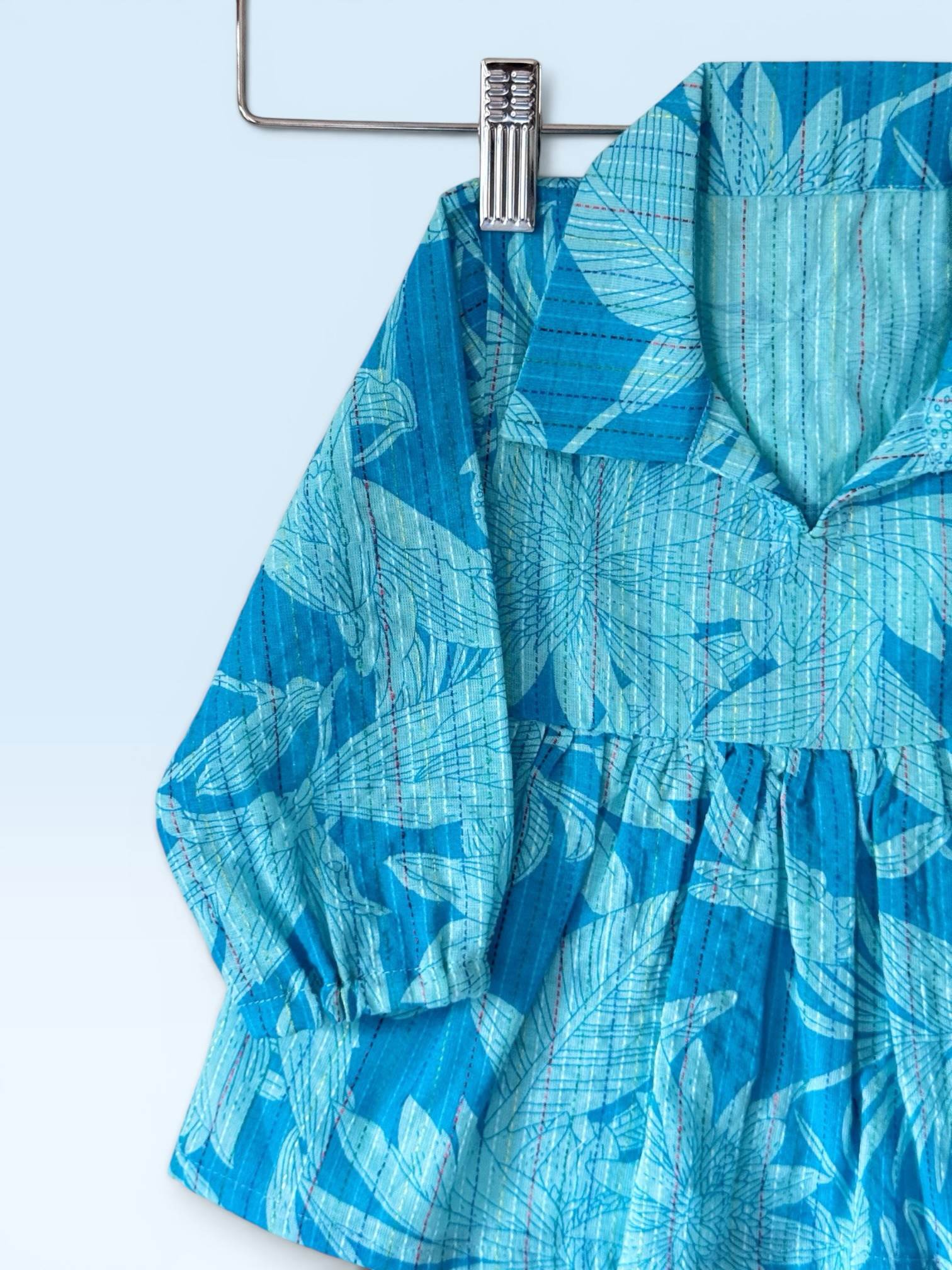 Girls Tropical Print Kantha Stitch Style Gathered Top