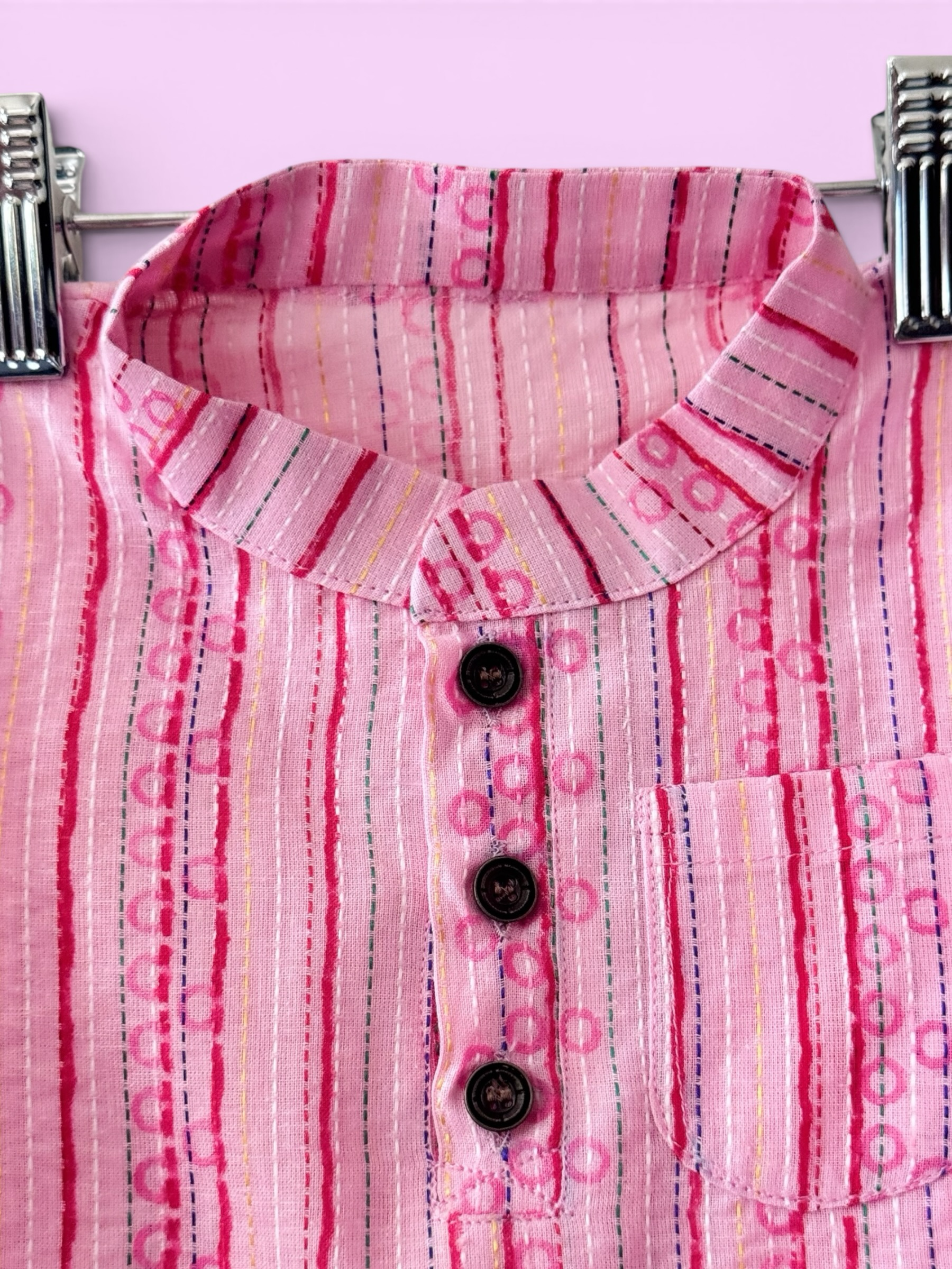Boys Baby Pink Kantha Stitch Style Kurta & Patiala Pajama Set