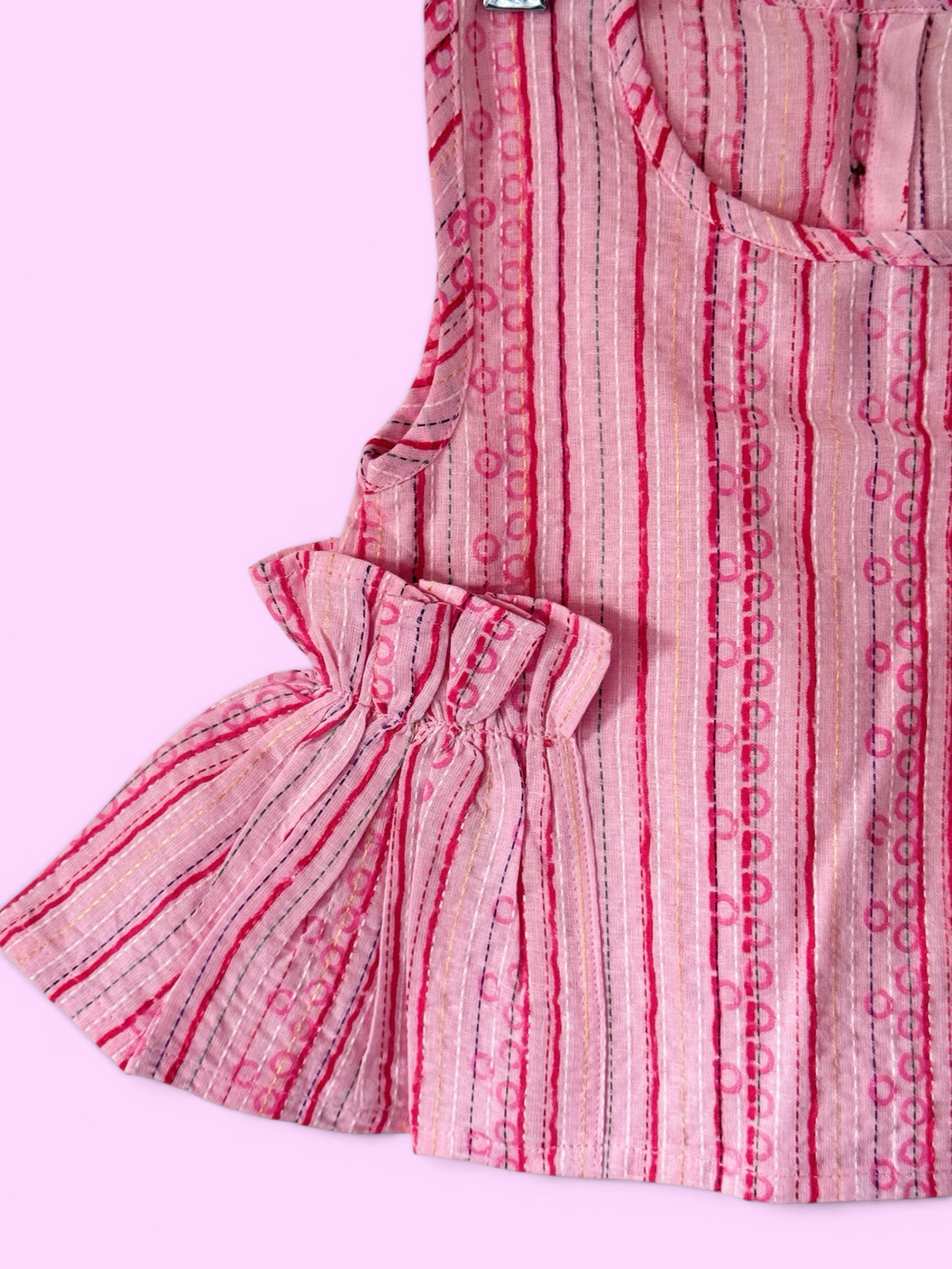 Girls Pink Stripe Kantha Stitch Style Barbie-core Top
