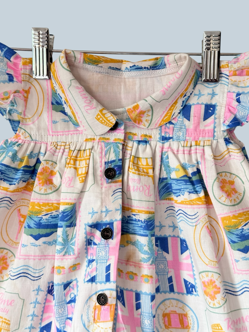 Girls Printed Linen Shirt Dress with Peter Pan Collar