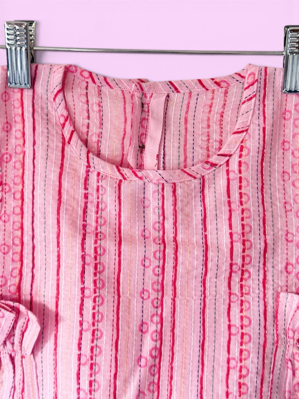 Girls Pink Stripe Kantha Stitch Style Barbie-core Top