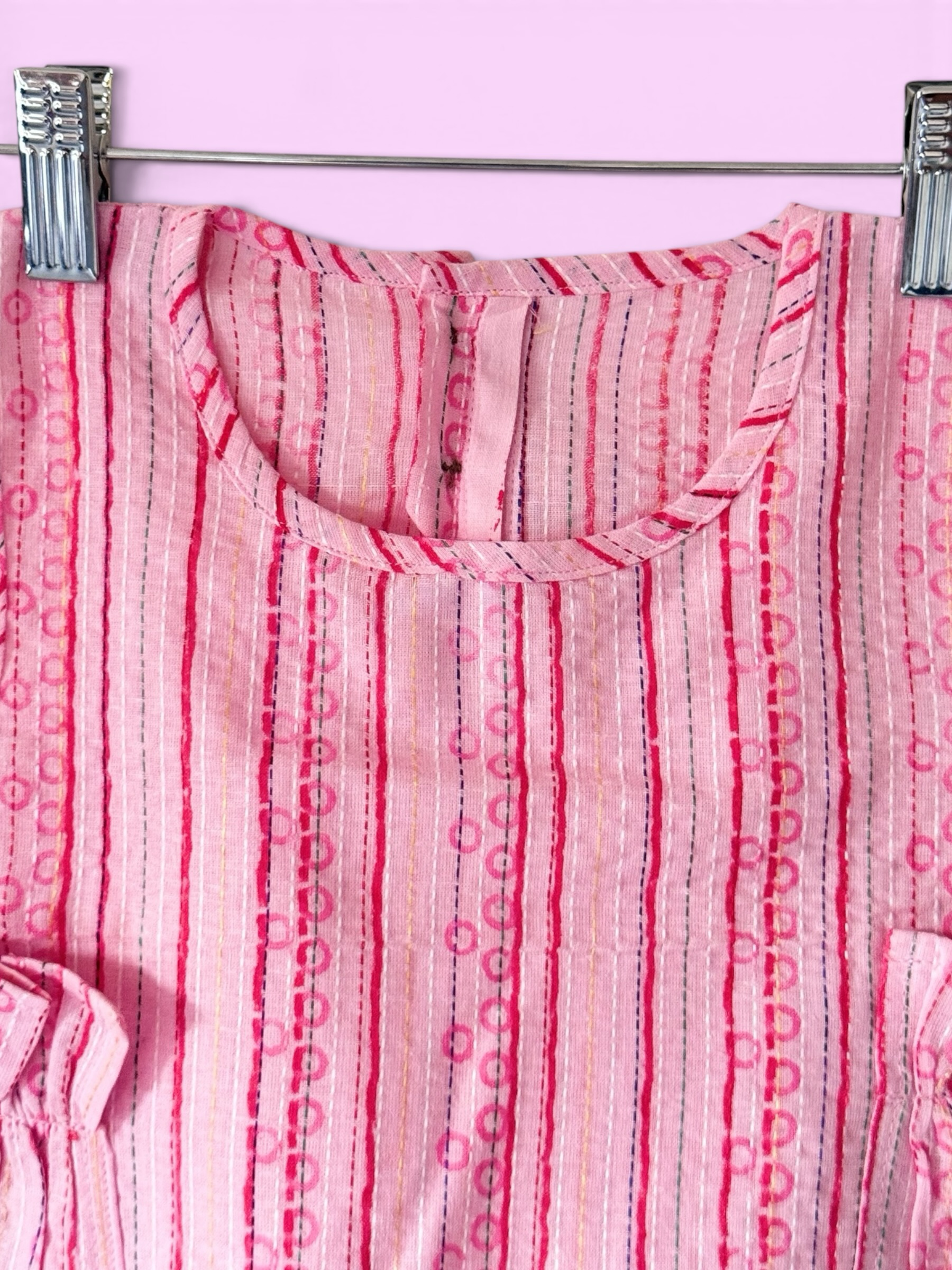 Girls Pink Stripe Kantha Stitch Style Barbie-core Top