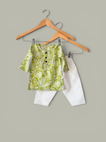 Boys Botanical Print Cotton Kurta & White Pajama Set