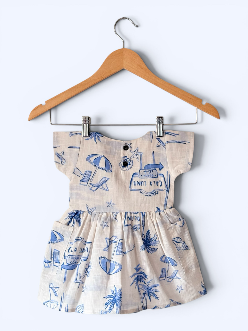 Girls Beach Inspired Print Gathered Linen dress With Pockets