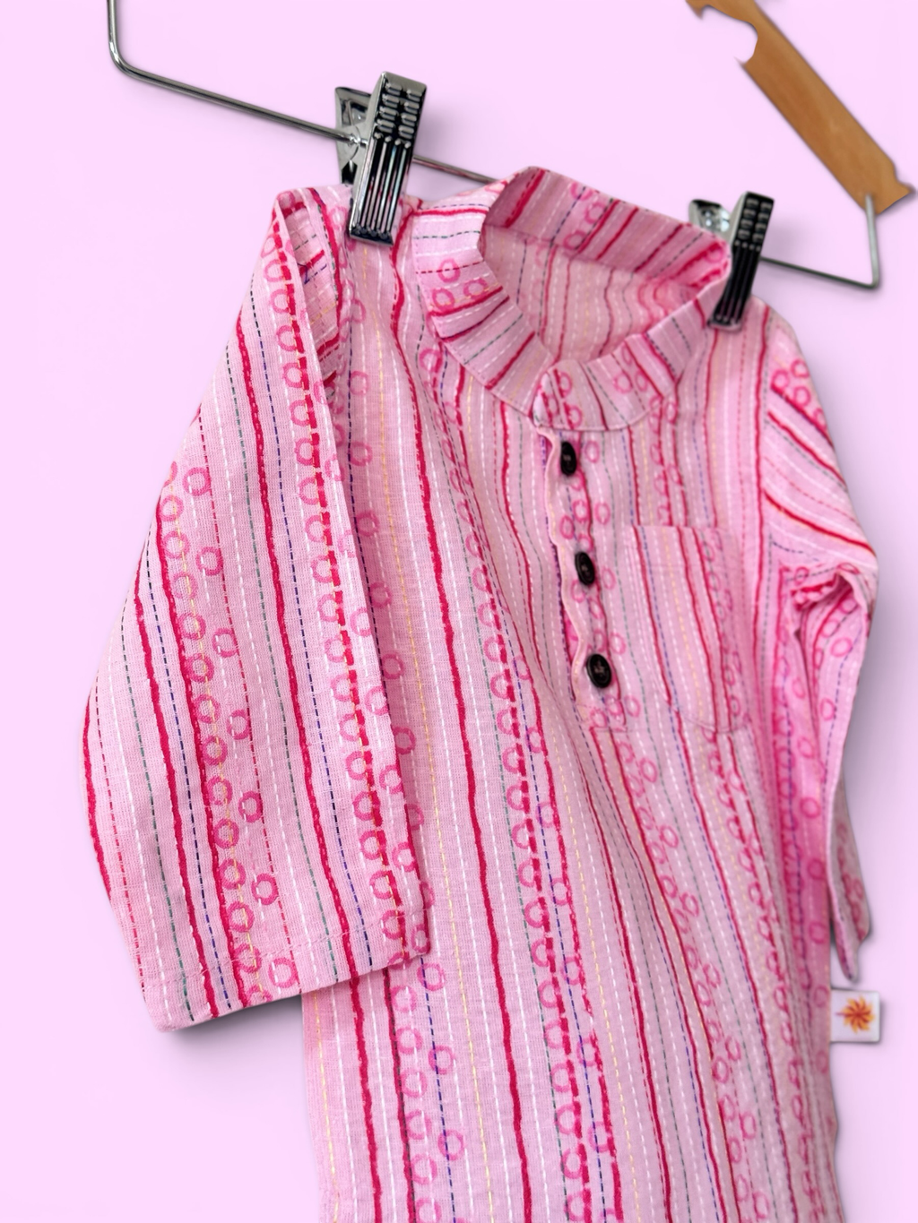 Boys Baby Pink Kantha Stitch Style Kurta & Patiala Pajama Set