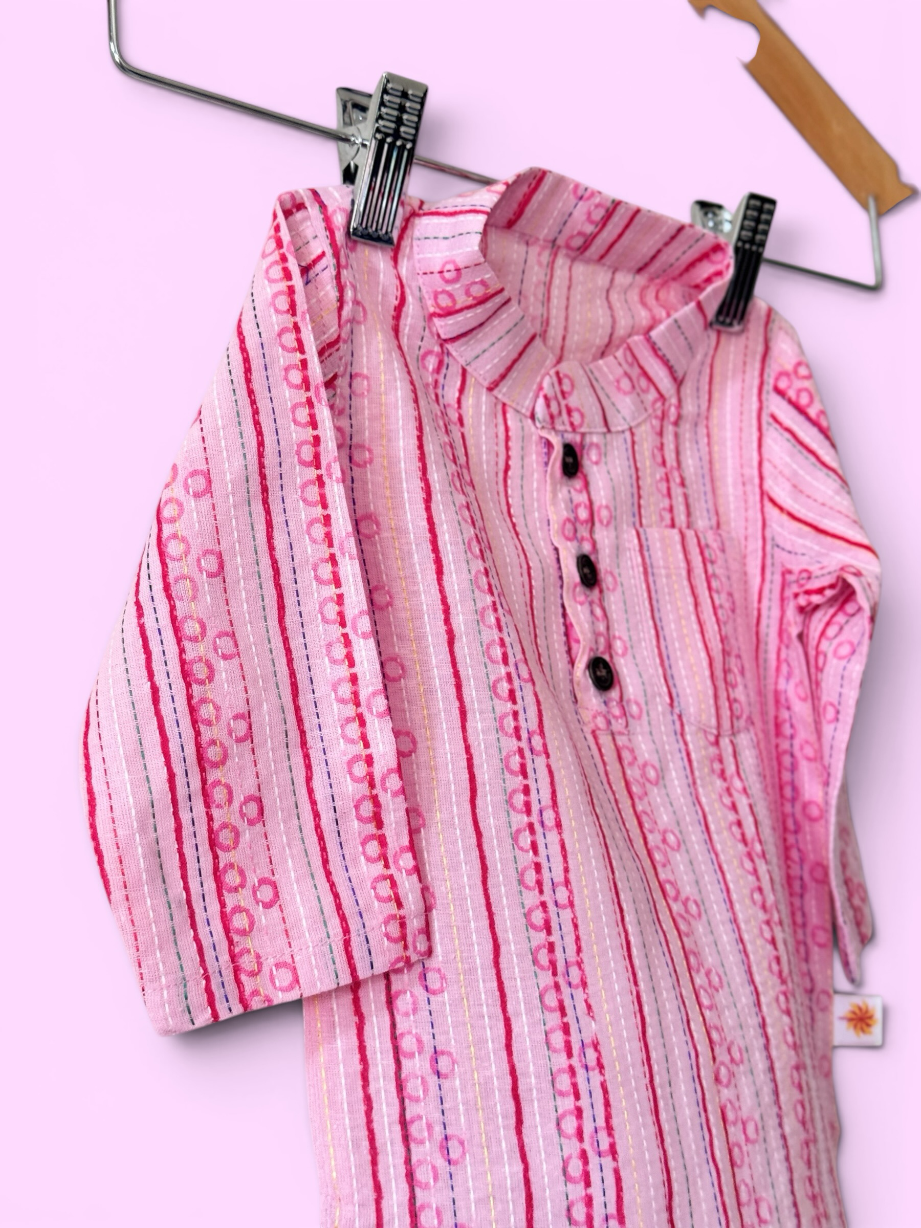 Boys Baby Pink Kantha Stitch Style Kurta & Patiala Pajama Set